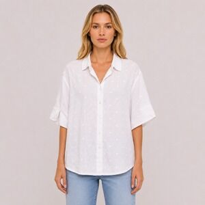 Ishyu Womens White Linen Floral Embroidered Button-Front Shirt Blouse 3/4 Sleeve